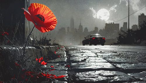 Klaproos in de stad - rood accent in de duisternis