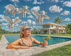 Reiche Frau beobachtet vom Pool aus fliegende Kühe von ArtMomente