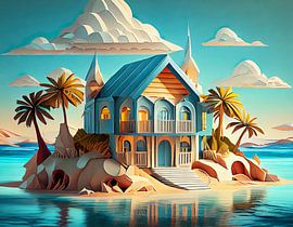 Huis op het strand met palmbomen