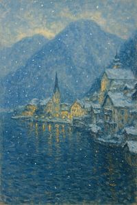 Schneefall über Hallstatt - Goldene Lichter im blauen Dämmerlicht