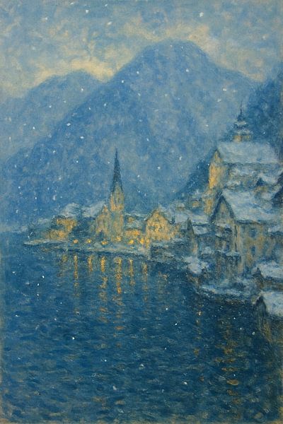 Schneefall über Hallstatt - Goldene Lichter im blauen Dämmerlicht von Travel Shop