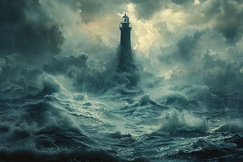Dramatische vuurtorenscène met stormachtige zeeën en donkere wolken