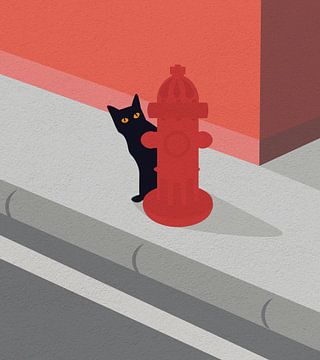 Minimal art illustratie van een kat achter een brandkraan van RickyAP