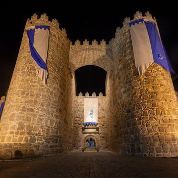 Middeleeuwse poort in stadsmuur van Avila, Spanje bij nacht