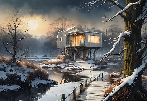 een paalwoning in de hei, winter