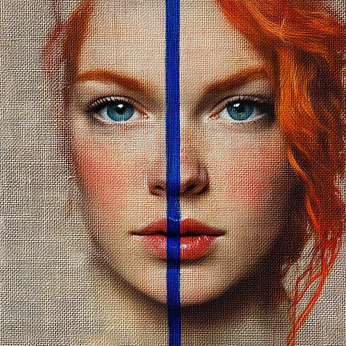 Portrait élégant d'une femme aux cheveux roux sur fond de toile