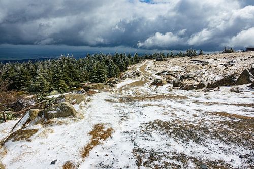 Landschaft mit Schnee auf dem Brocken im Harz