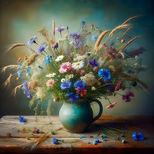 Nature morte, vase avec bleuets et fleurs sauvages