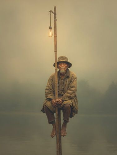 Pêcheur âgé à la perche dans le brouillard du matin