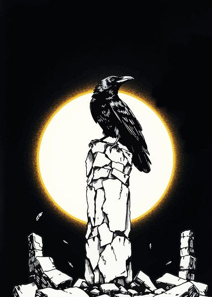 Corbeau sur pilier de pierre avec lune par MIROKKU