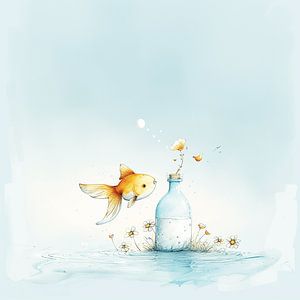 Goldfisch im Splendid Depth trifft auf eine Flasche mit Blumen