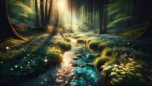 Mystieke rivierloop onder fonkelende bosverlichting