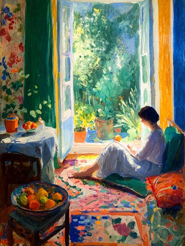 Pièce ensoleillée avec portes ouvertes et femme en robe de chambre blanche, entourée de couleurs et de lumière