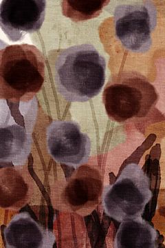 Abstracte botanische kunst. Bloemen in mokka mousse bruin, paars en warm groen. van Dina Dankers
