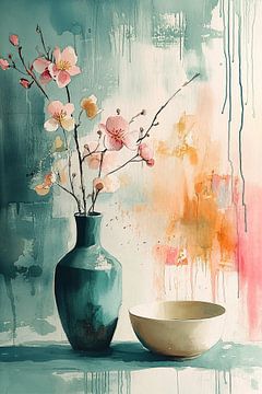 Turquoise vaas in aquarel no.3 van Studio BB