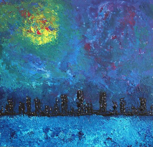 La pleine lune au-dessus de la ville d'eau