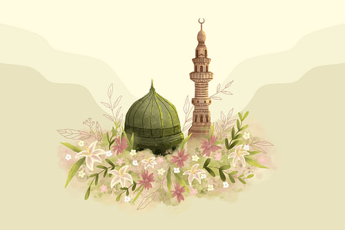 Artistic Watercolor Illustration of Al-Masjid an-Nabawi with Floral Ornaments