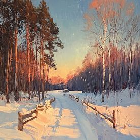 Schneepfad | Schneepfad mit Bäumen von Abstraktes Gemälde