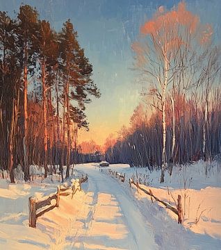 Chemin de neige | Chemin de neige avec arbres sur Peinture Abstraite
