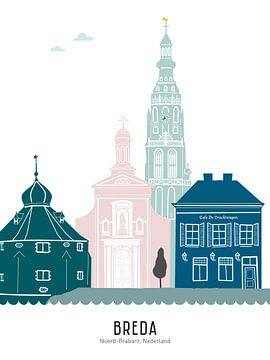Illustration de la ligne d'horizon de la ville de Breda en couleur sur Mevrouw Emmer