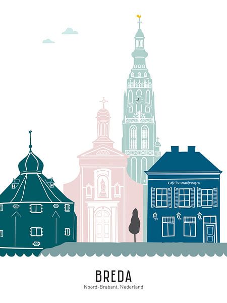 Illustration de la ligne d'horizon de la ville de Breda en couleur par Mevrouw Emmer