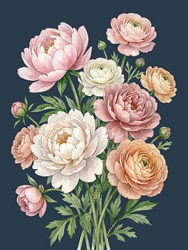 Bouquet romantique de renoncules sur fond bleu indigo