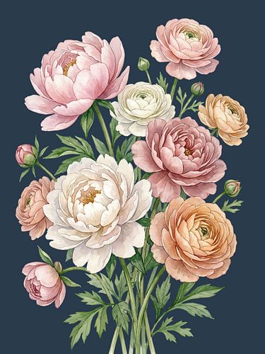 Romantic ranunculus bouquet on indigo blue