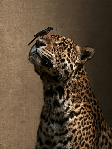 Leopard with a Little Bird on its Muzzle – A Striking Animal Portrait with a Rosette Pattern in Warm Earth Tones