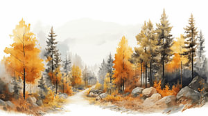 Herbstliches Panorama-Aquarell auf weißem Hintergrund, Kunstdesign