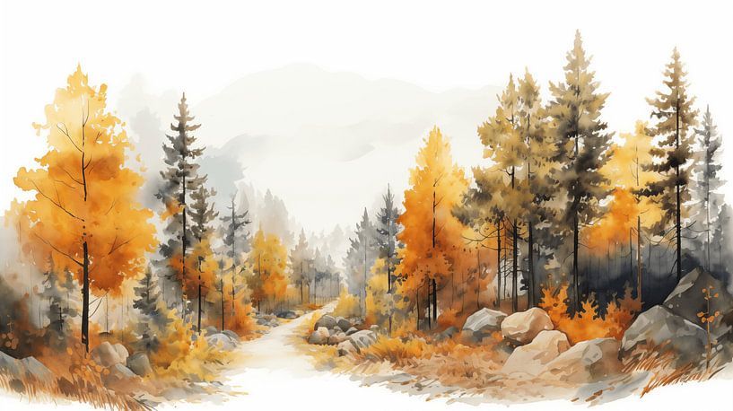 Aquarelle panoramique d'automne sur fond blanc, Design d'art par Animaflora PicsStock