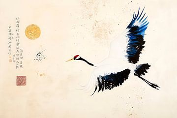 Zwart-witte kraanvogelvleugels tijdens de vlucht van Poster Art Shop