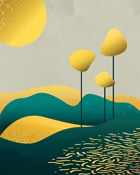 Drie gouden bomen abstract landschap 2 van Tanja Udelhofen