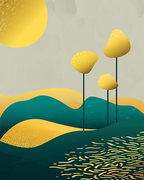 Drie gouden bomen abstract landschap 2 van Tanja Udelhofen