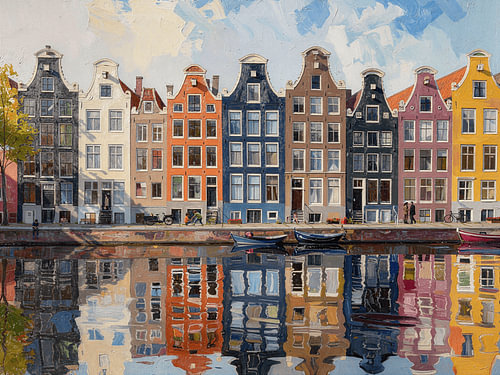 Maisons hollandaises au bord des canaux, aux façades colorées, dont les reflets se mirent dans l'eau