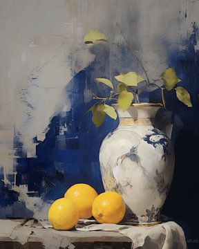 Nature morte en bleu de Delft avec des citrons sur Studio Allee
