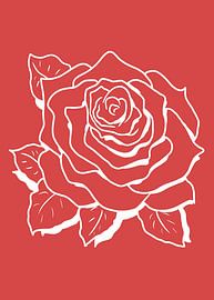 White Rose Line Art on Coral Background by Art Kingdom