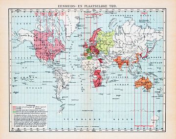 Wereldkaart met tijdzones. Vintage kaart ca. 1900 van Studio Wunderkammer