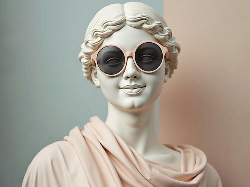 Witte gipsbuste die stijlvolle zonnebril draagt die op kleurrijke achtergrond poseert