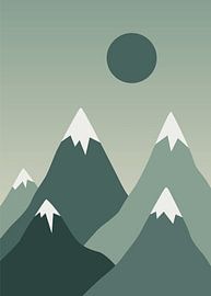 Minimalistische Flat-Vektorillustration von schneebedeckten Bergen und einer dunklen Sonne in stimmungsvollen Grüntönen. von Adam Khabibi