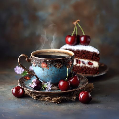 Kaffee mit Schwarzwälder Kirschtorte und Kirschen - Sommerstillleben von Joriali Fine Art