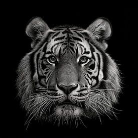 dramatisch zwart witte portret foto weergave van het hoofd van een tijger die recht in de camera kijkt van Margriet Hulsker