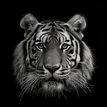 dramatisches Schwarz-Weiß-Porträtfoto eines Tigerkopfes, der direkt in die Kamera schaut