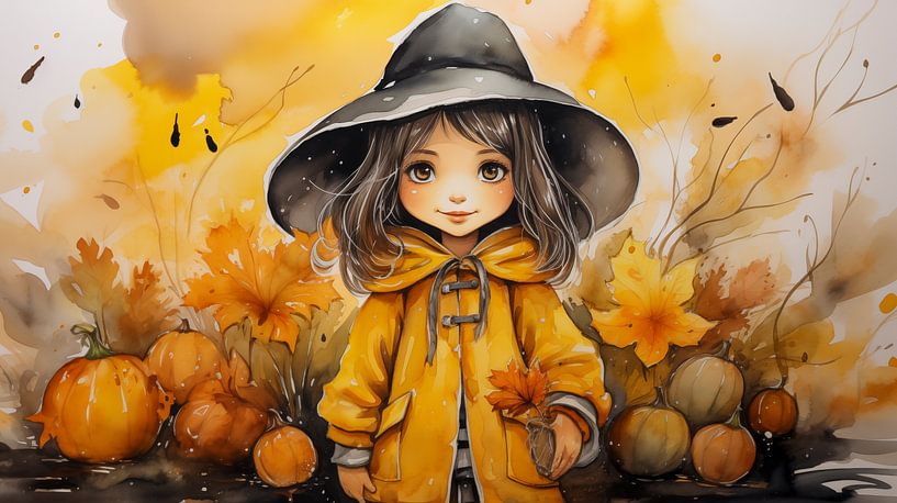 20h bemaltes Hexen-Aquarell kleines Mädchen im gelben Regenmantel, Aquarell-Kunstdesign von Animaflora PicsStock