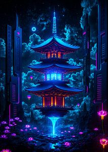 Pagode japonaise flottante Cyberpunk Anime