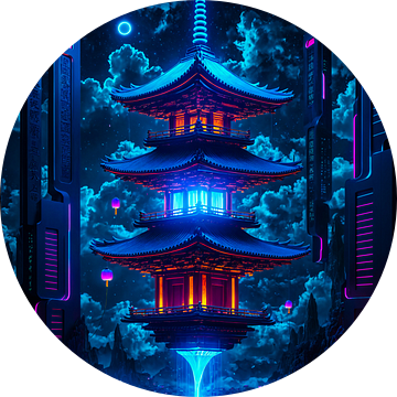 Drijvende Japanse Pagode Cyberpunk Anime