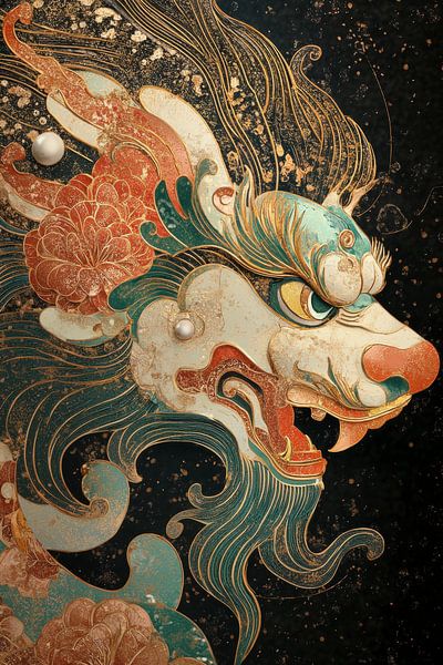 Colourful dragon head with flowers and pearls by Digitale Schilderijen