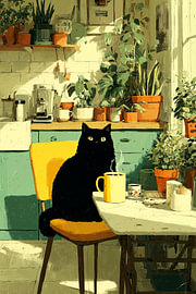 Schwarze Katze am Küchentisch mit Kaffee von Erika Kaisersot