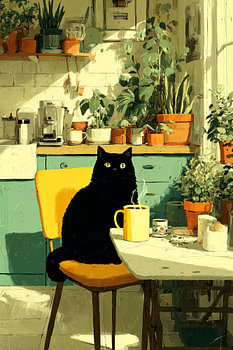 A black cat at the kitchen table with a cup of coffee