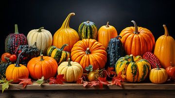 Différentes citrouilles avec des feuilles d'automne en guise de décoration sur Animaflora PicsStock