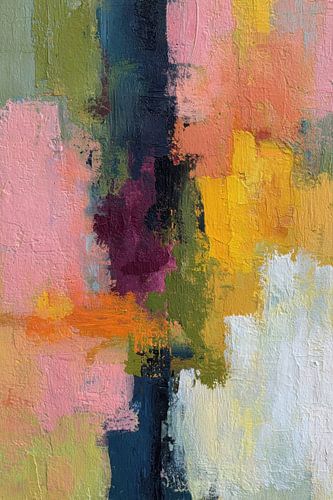 Kleurrijk abstract schilderij met expressieve penseelstreken in geel en turquoise